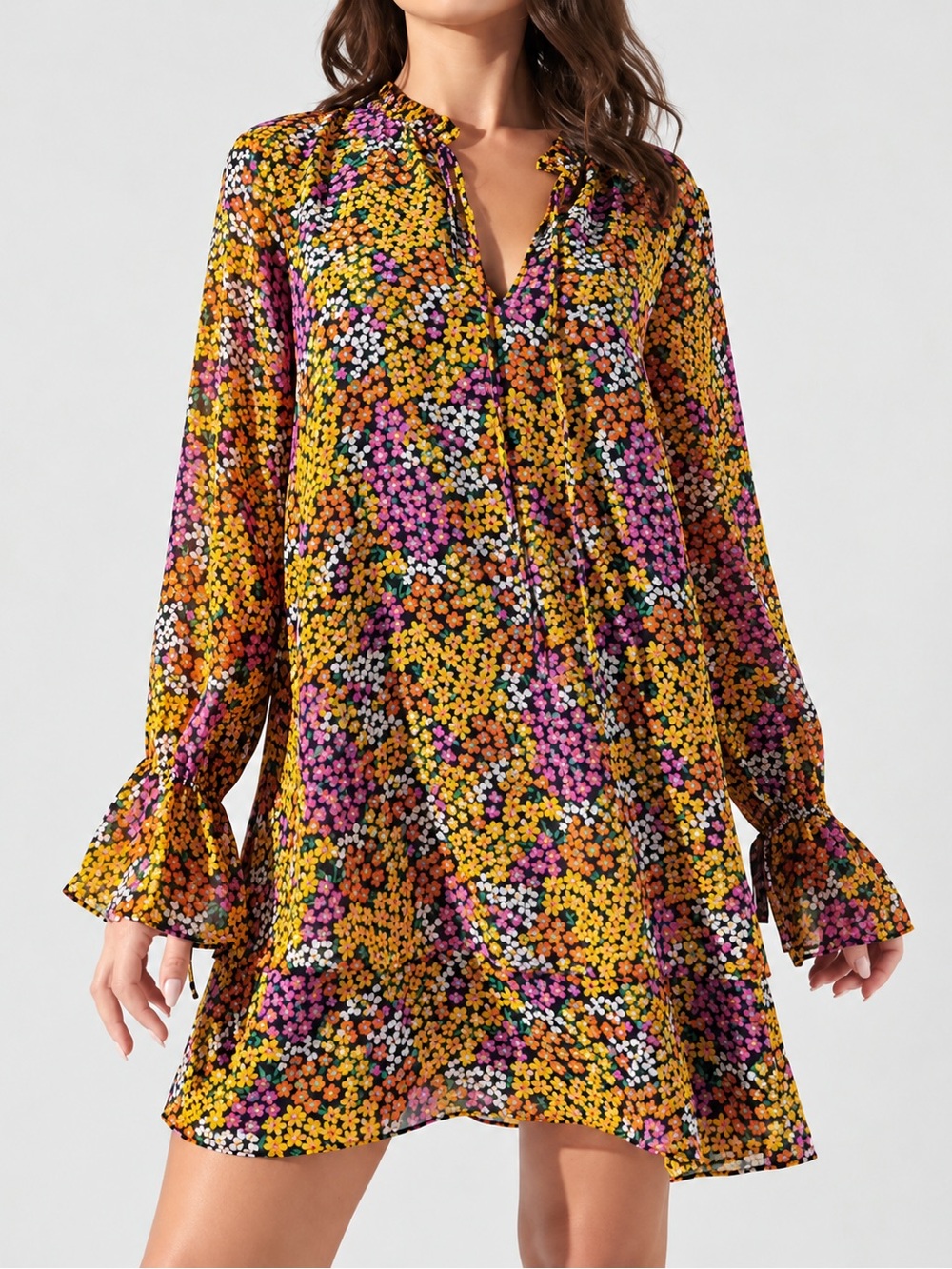 Sugarlips Floral Ruffle Mini Dress Tie Neck Long Sleeve Small